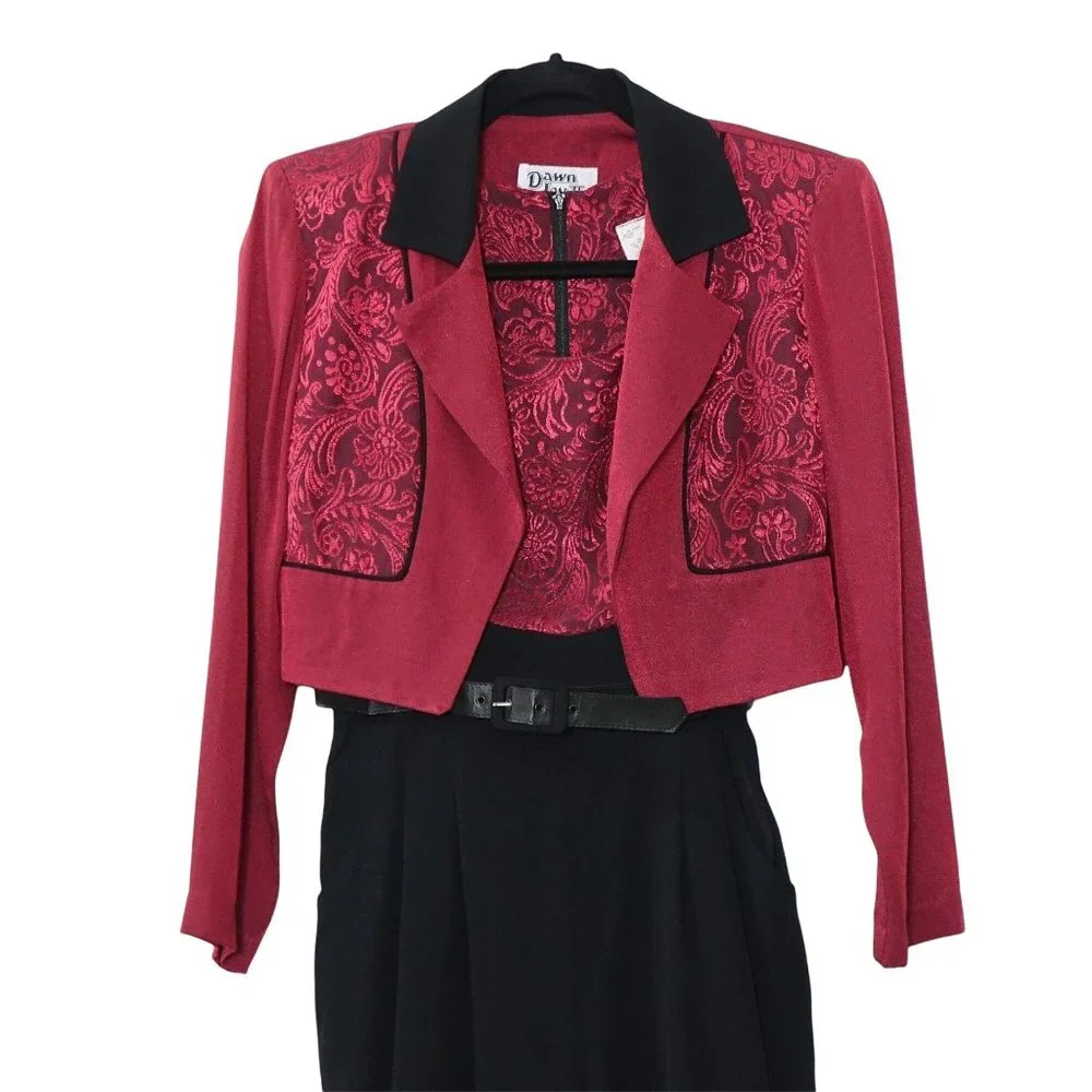 Black Wine Jumpsuit, with Cropped Jacket, Jaquard Floral Pattern, by Dawn Joy II - Picture 2 of 10